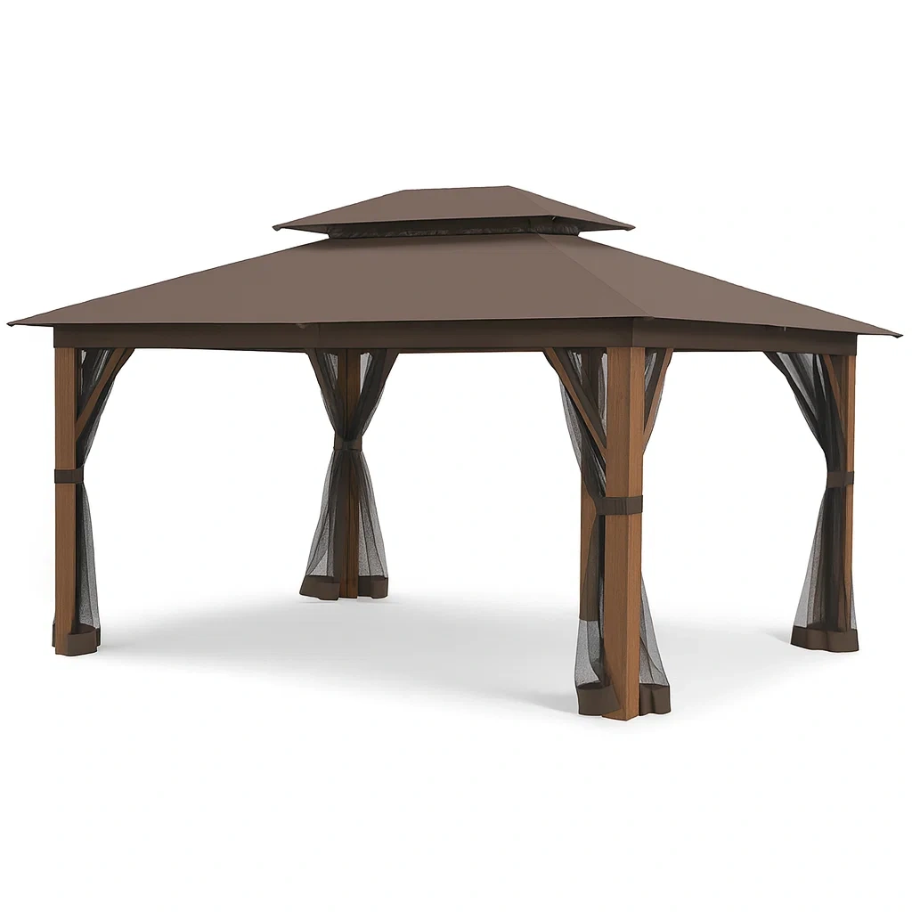 Gazebo in Acciaio e Poliestere Marrone con Tetto a Doppio Strato-SOFENERA