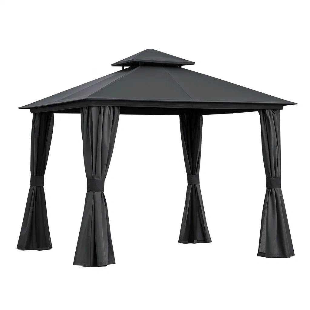 Gazebo in Alluminio Nero con Tetto in Policarbonato e Tende-SOFENERA