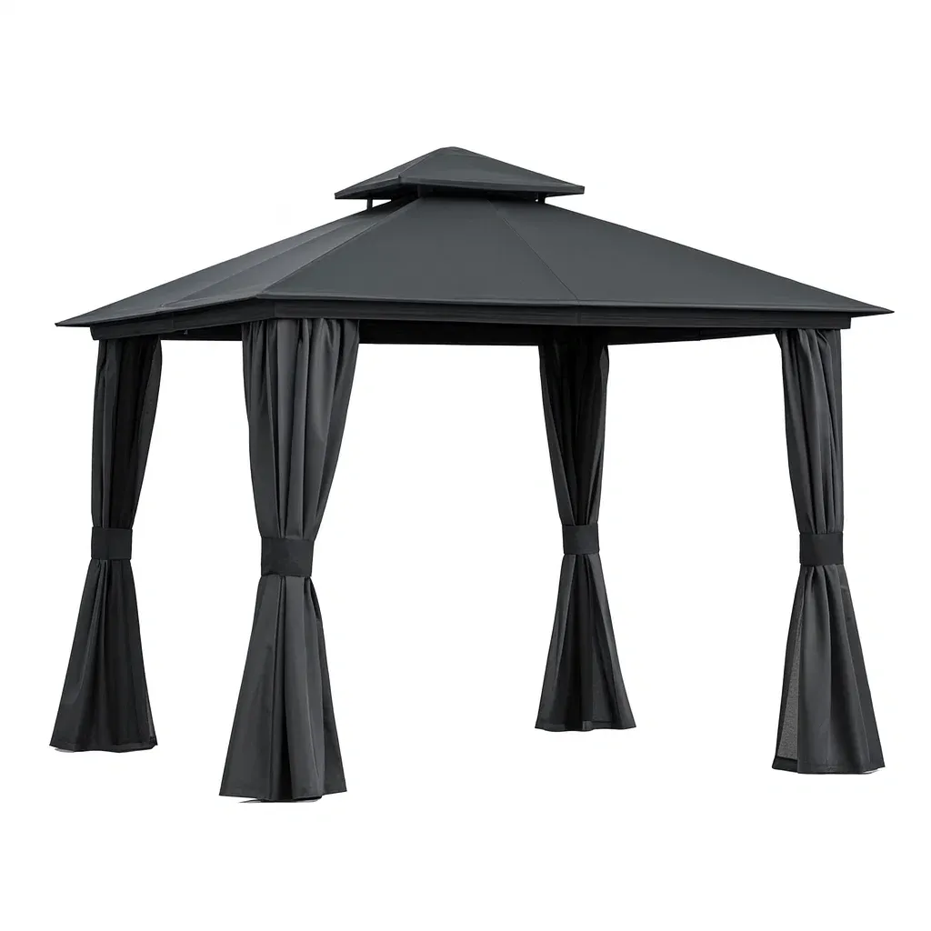 Gazebo in Alluminio Nero con Tetto in Policarbonato e Tende-SOFENERA