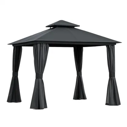 Gazebo in Alluminio Nero con Tetto in Policarbonato e Tende-SOFENERA
