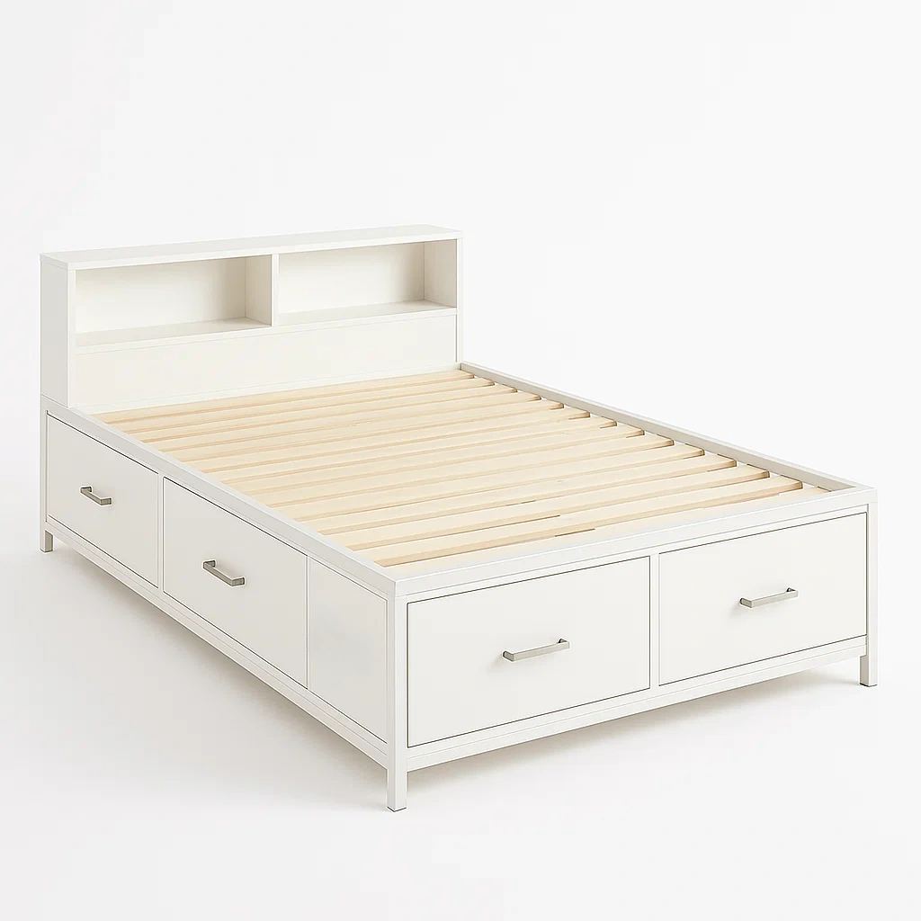 Letto contenitore in Legno con Cassetti e Scaffale Bianco-SOFENERA