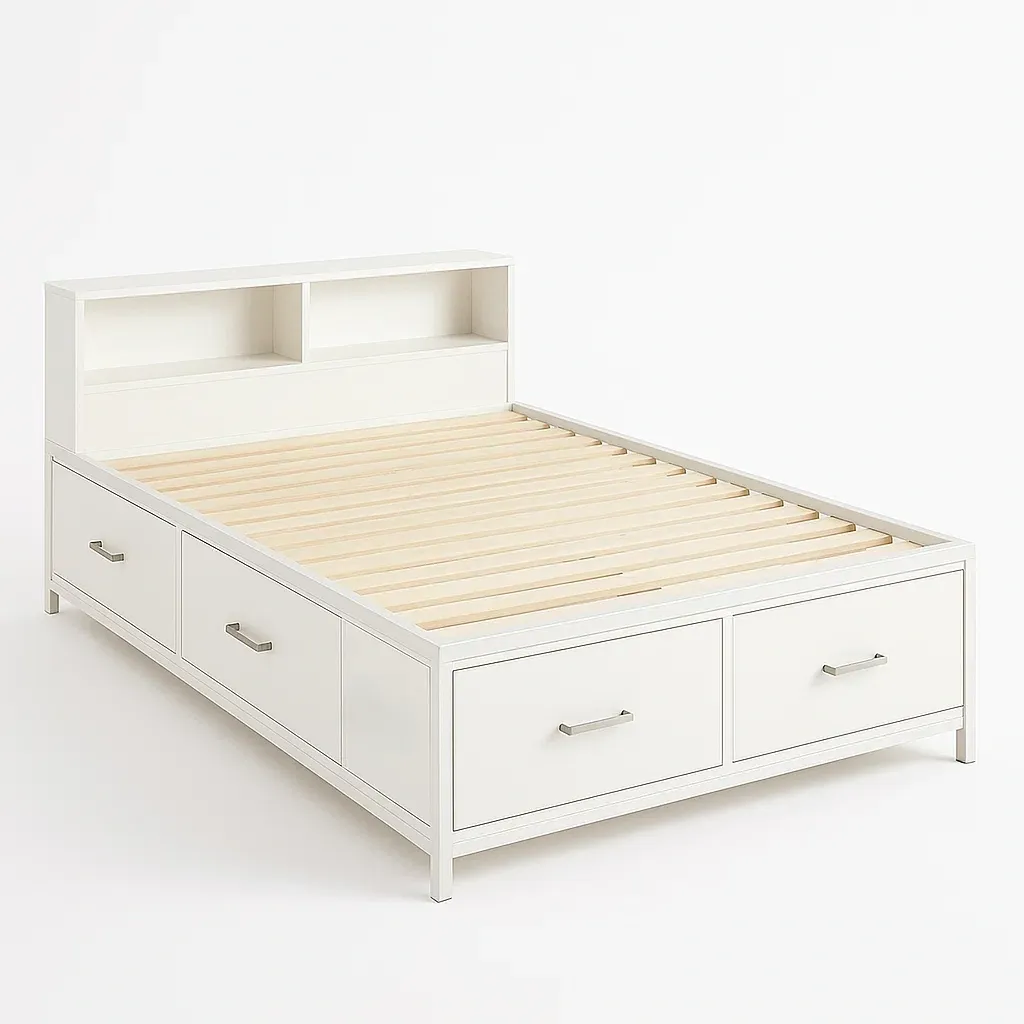 Letto contenitore in Legno con Cassetti e Scaffale Bianco-SOFENERA