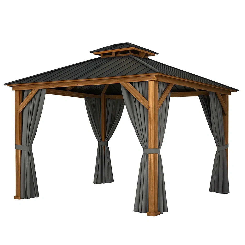 Gazebo in Legno con Tetto in Metallo e Tende in Poliestere Grigio-SOFENERA