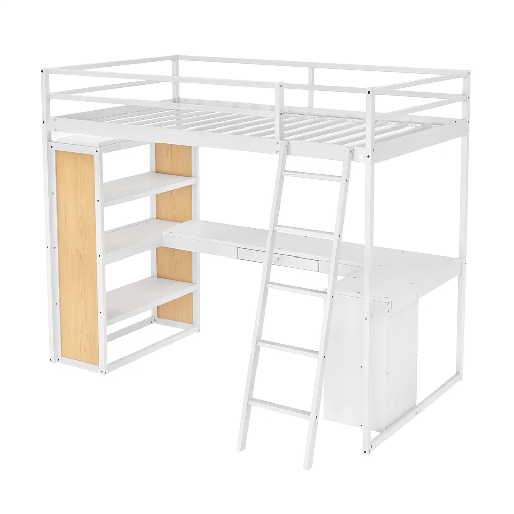 Letto a soppalco in Metallo con Scrivania e Mensole Bianco/Naturale-SOFENERA