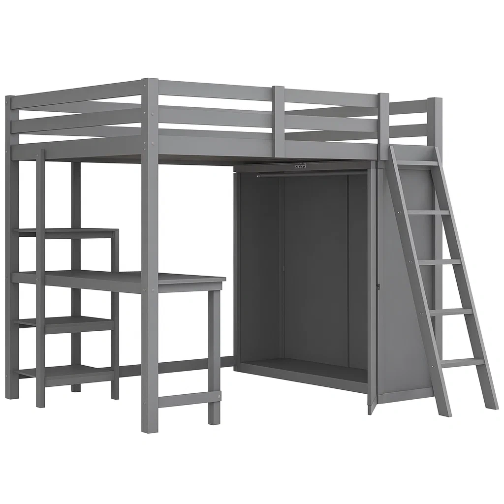 Letto a soppalco in Legno di Pino Grigio con Scrivania e Scala Laterale-SOFENERA