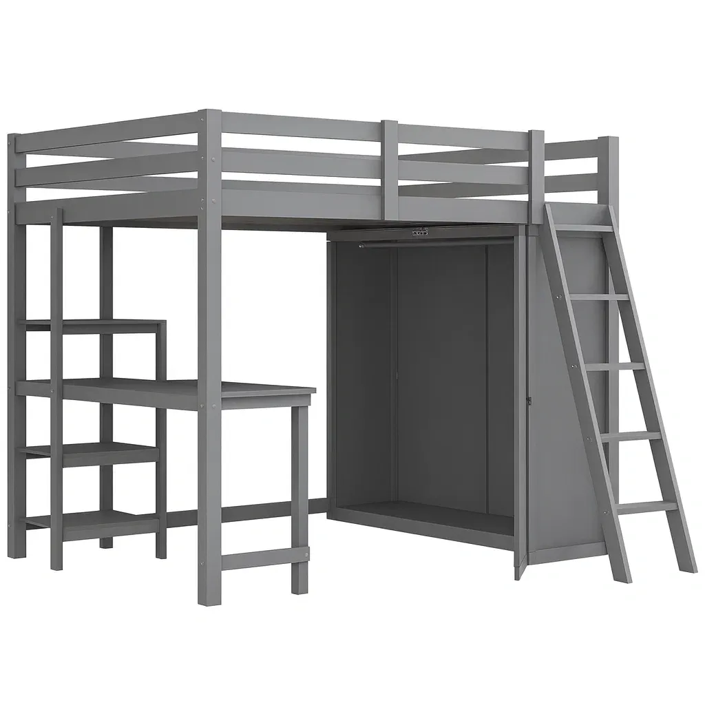 Letto a soppalco in Legno di Pino Grigio con Scrivania e Scala Laterale-SOFENERA