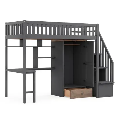 Letto a soppalco in Legno di Pino Grigio con Scrivania e Armadio-SOFENERA