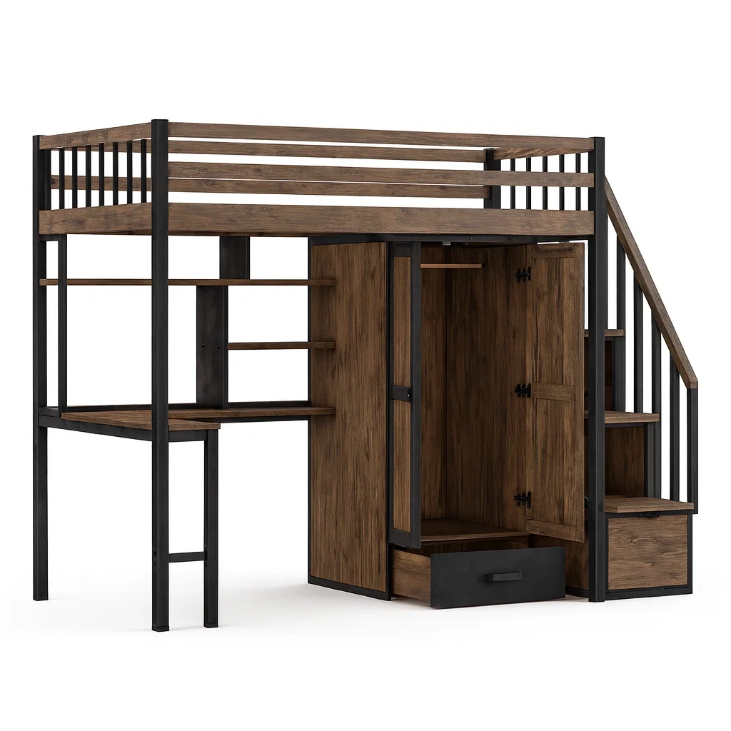 Letto a soppalco in Legno e Metallo Marrone/Nero con Scrivania e Armadio-SOFENERA