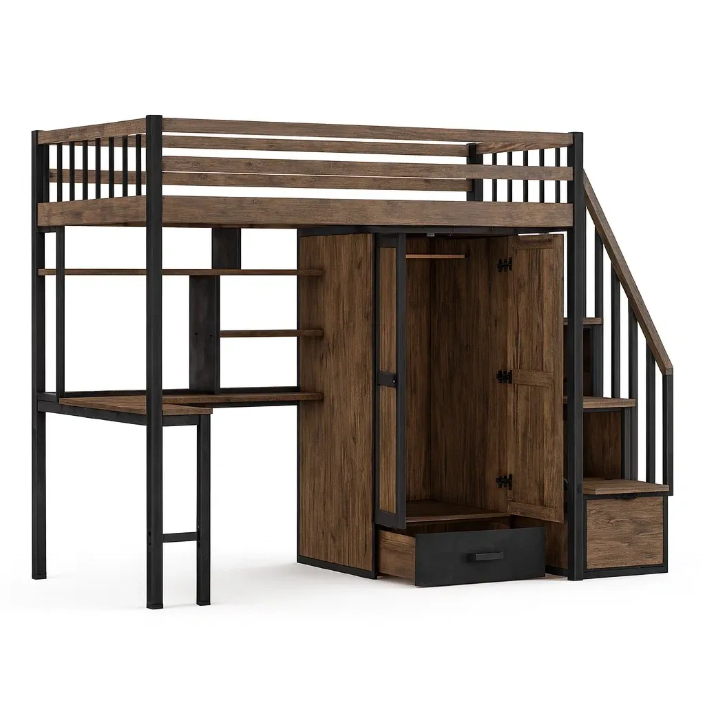 Letto a soppalco in Legno e Metallo Marrone/Nero con Scrivania e Armadio-SOFENERA