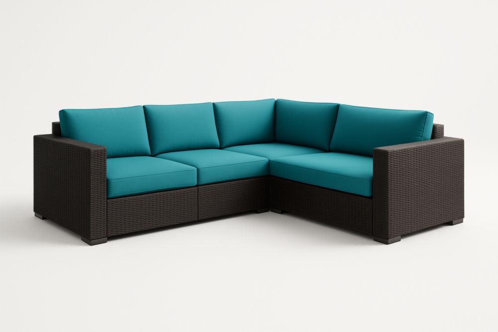 Divano angolare 4 posti in rattan sintetico e cuscini in poliestere turchese
