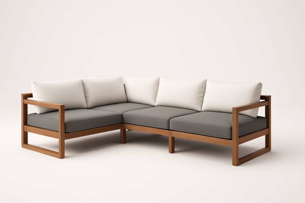 Divano Angolare in Legno con Cuscini Grigio Bianco 230cm