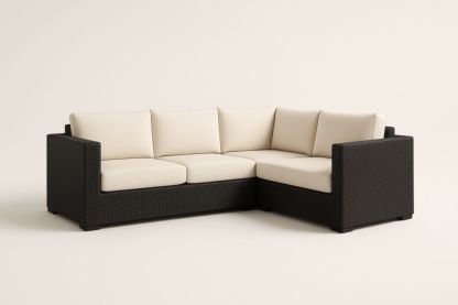 Divano angolare in rattan sintetico nero con cuscini in poliestere crema