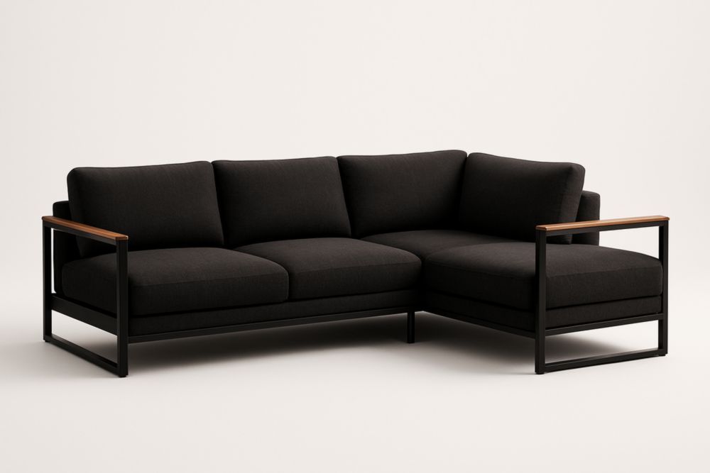 Divano angolare in tessuto poliestere nero con struttura metallica e braccioli in legno