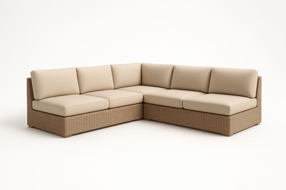 Divano Angolare in Rattan con Cuscini Beige 220x220 cm
