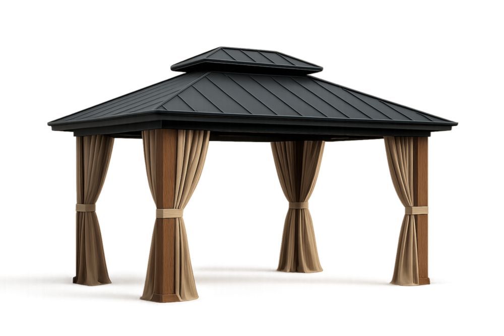 Gazebo con Tetto in Acciaio e Tende in Poliestere 400x300x270 cm(Lu×L×H)