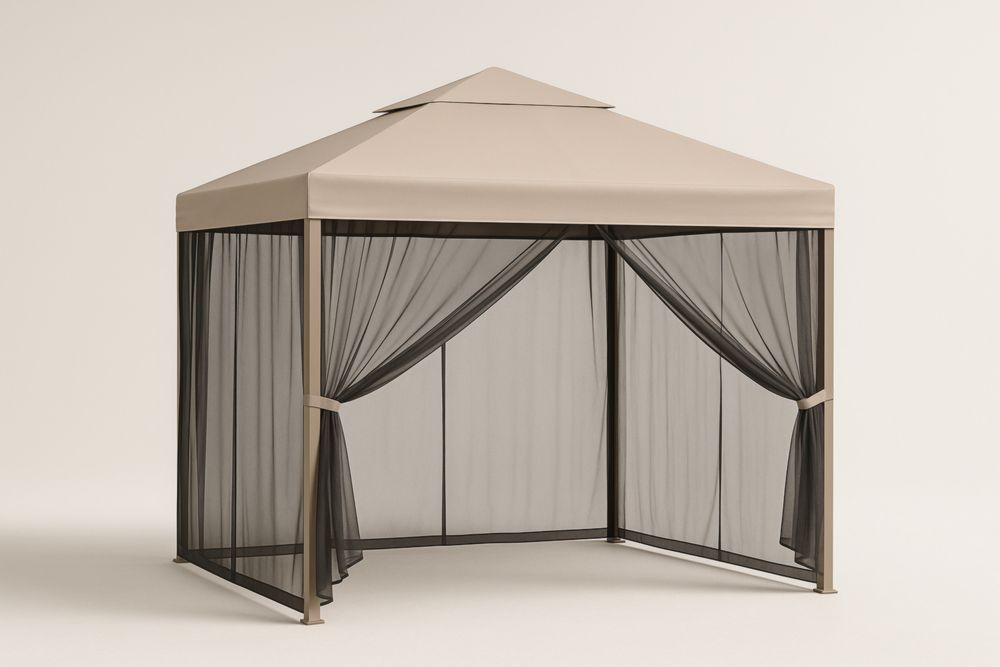 Gazebo da Giardino in Acciaio con Tetto in Poliestere Beige e Pareti in Rete