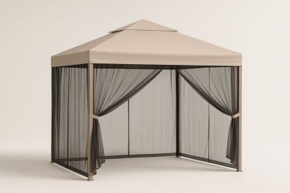 Gazebo da Giardino in Acciaio con Tetto in Poliestere Beige e Pareti in Rete