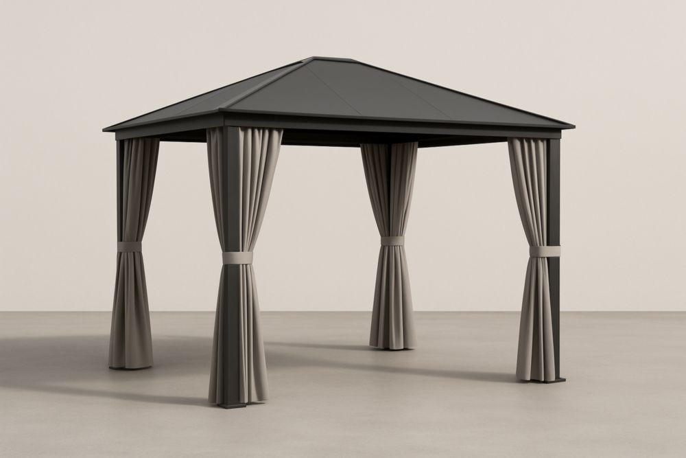 Gazebo da Giardino in Alluminio con Tetto in Acciaio e Tende in Poliestere Grigio