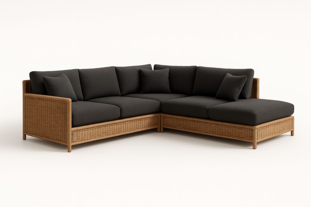 Divano ad Angolo in Rattan Sintetico con Cuscini in Tessuto Grigio Scuro