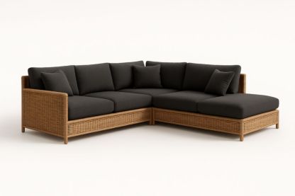 Divano ad Angolo in Rattan Sintetico con Cuscini in Tessuto Grigio Scuro