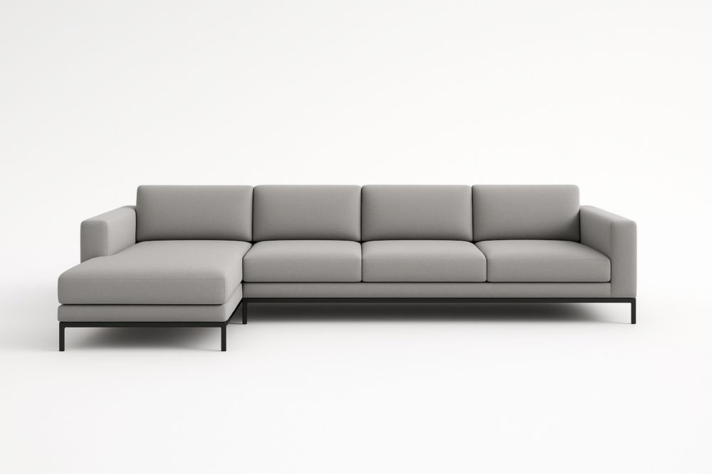 Divano angolare a L in tessuto grigio e metallo 300cm