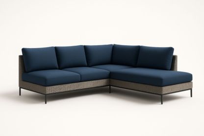Divano angolare modulare in poliestere blu con struttura in rattan