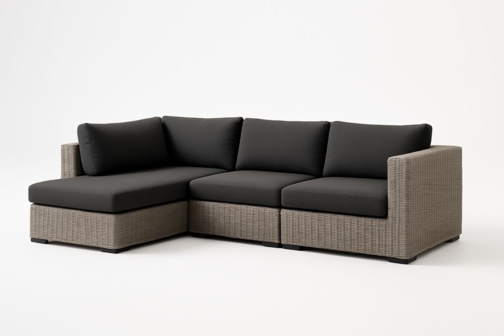 Divano angolare modulare in rattan sintetico con cuscini grigio scuro