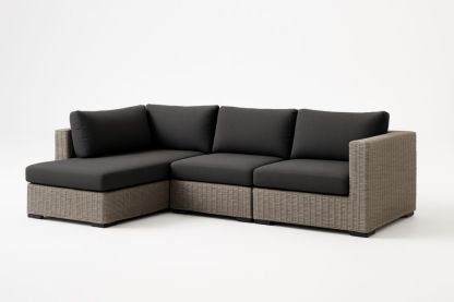 Divano angolare modulare in rattan sintetico con cuscini grigio scuro