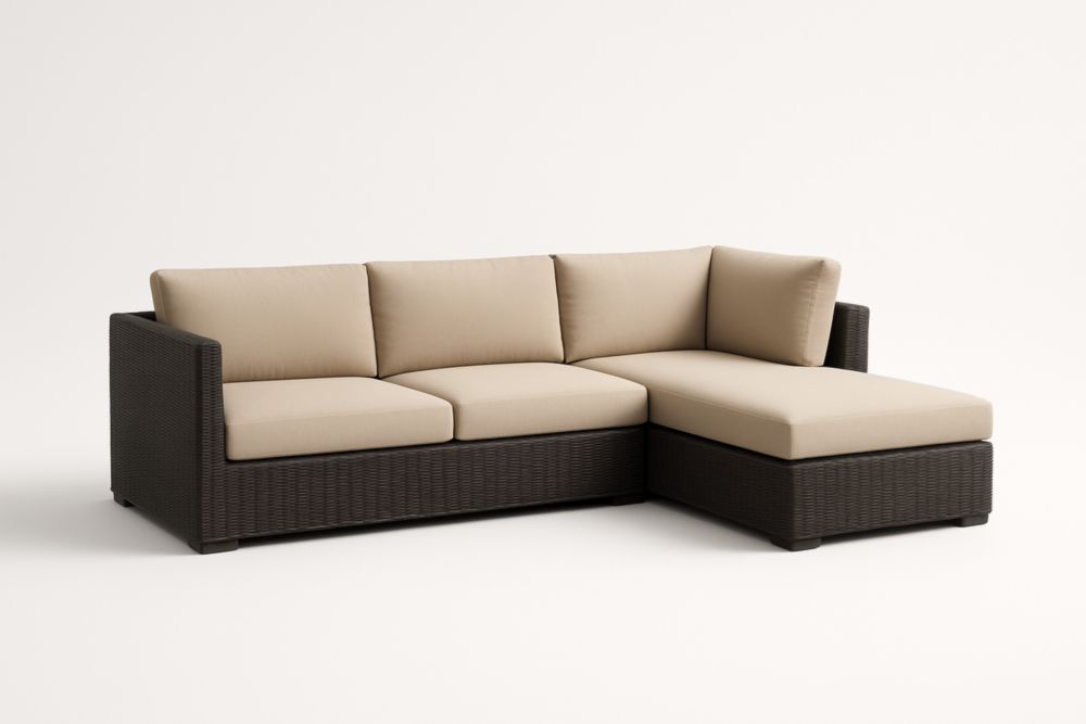 Divano angolare in rattan sintetico con cuscini beige