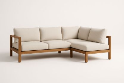 Divano angolare in legno con cuscini in tessuto Beige