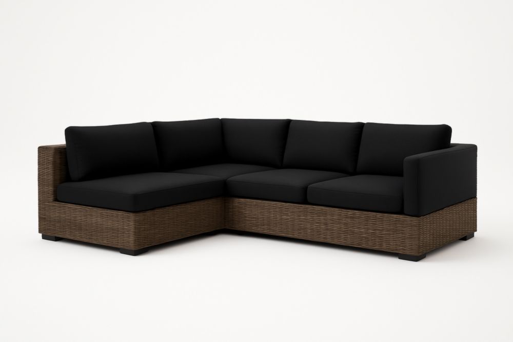Divano angolare in rattan sintetico e tessuto nero