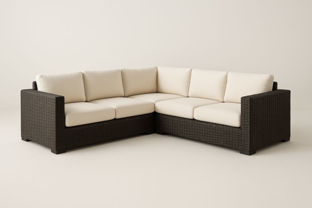 Divano Angolare da Esterno in Rattan Sintetico Nero con Cuscini Crema