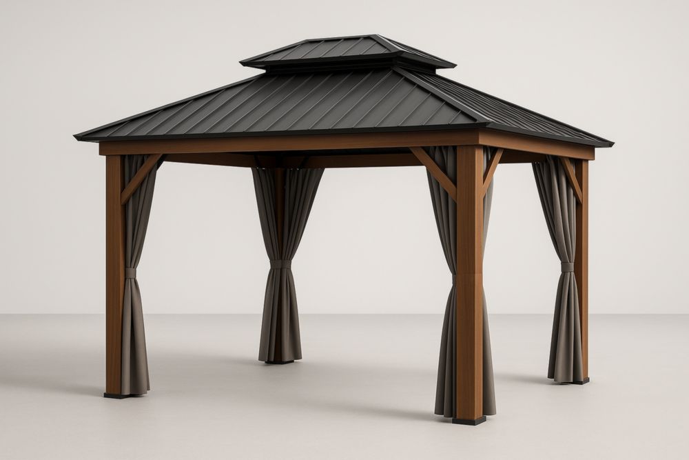 Gazebo in Alluminio e Legno Massiccio con Tende in Poliestere