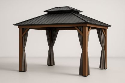 Gazebo in Alluminio e Legno Massiccio con Tende in Poliestere
