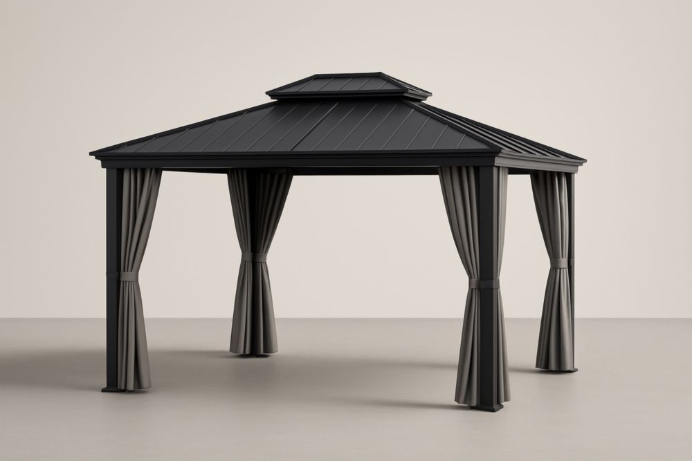 Gazebo in alluminio con tetto in acciaio e tende in poliestere Grigio