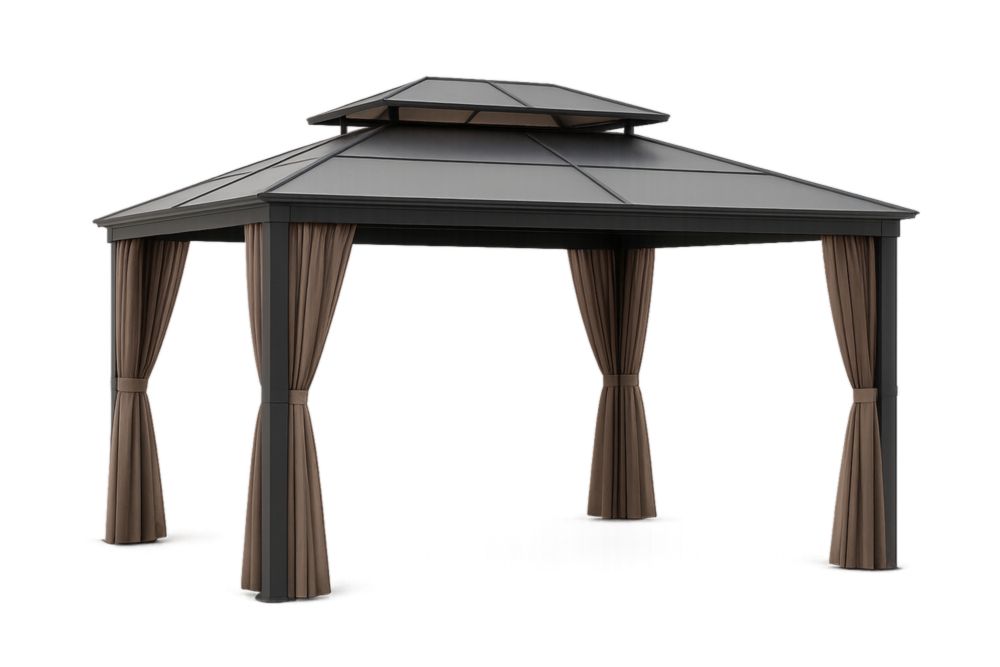 Gazebo in Acciaio con Tetto in Alluminio e Tende in Tessuto Poliestere Marrone