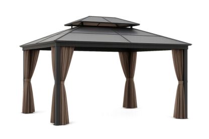 Gazebo in Acciaio con Tetto in Alluminio e Tende in Tessuto Poliestere Marrone