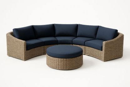 Divano angolare in rattan sintetico con cuscini blu