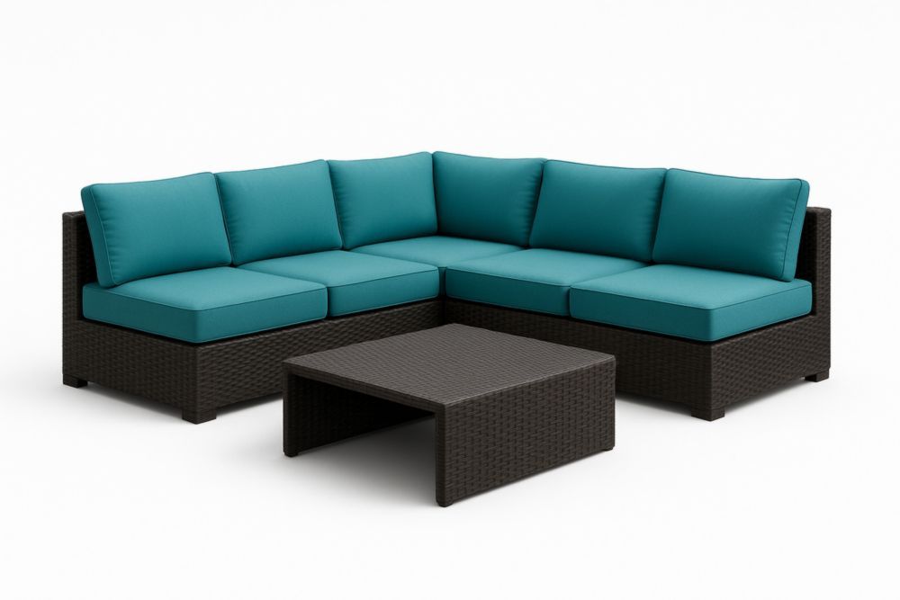 Set Divano Angolare da Giardino in Polyrattan con Cuscini Turchese