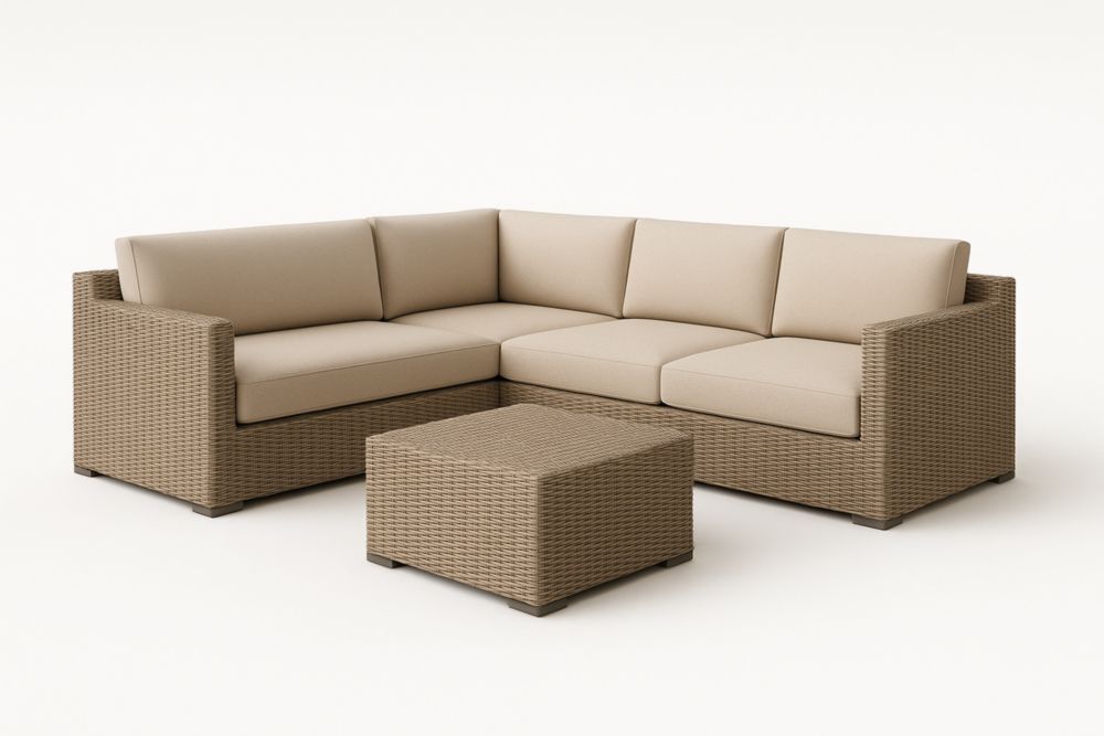 Set Divano Angolare con Pouf in Rattan Sintetico Beige