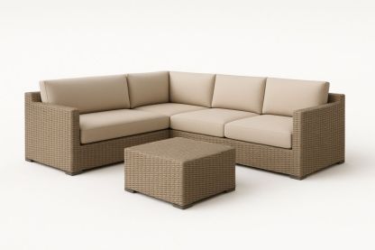 Set Divano Angolare con Pouf in Rattan Sintetico Beige