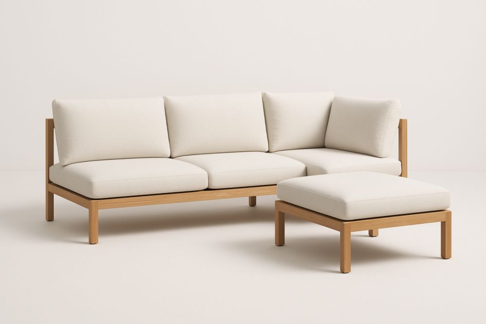 Divano Angolare in Legno con Cuscini in Poliestere Beige