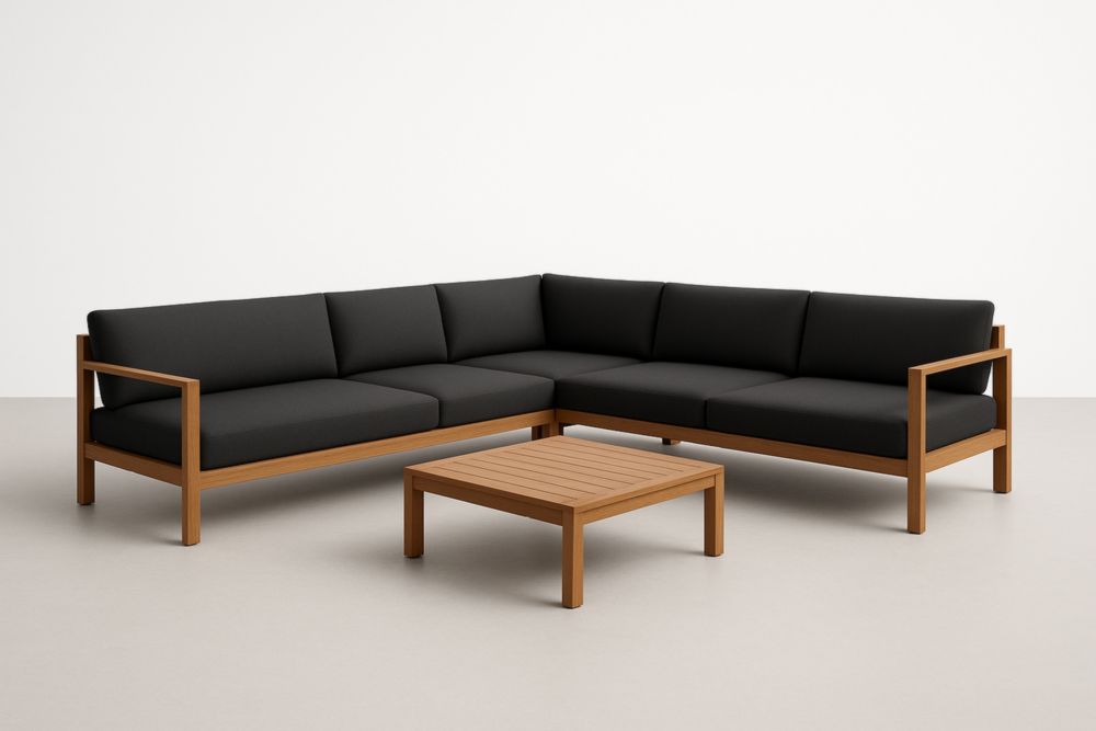 Divano angolare in legno con cuscini in poliestere Nero