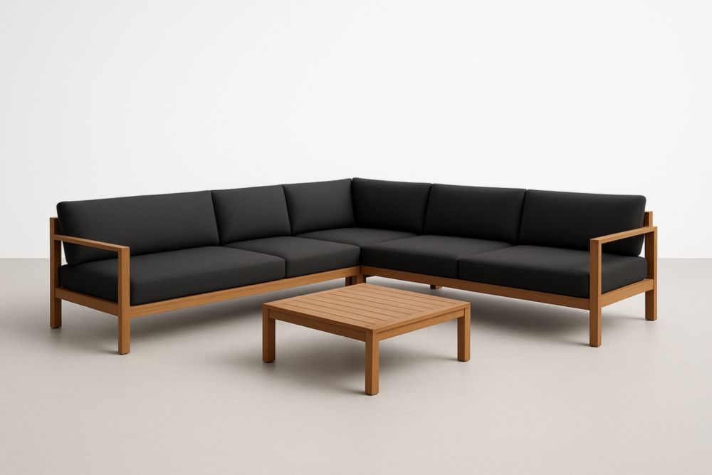 Divano angolare in legno con cuscini in poliestere Nero