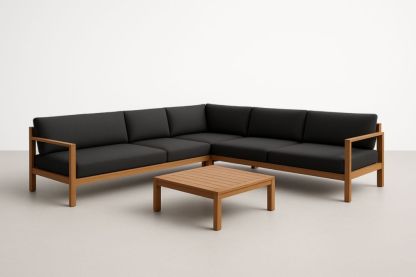 Divano angolare in legno con cuscini in poliestere Nero