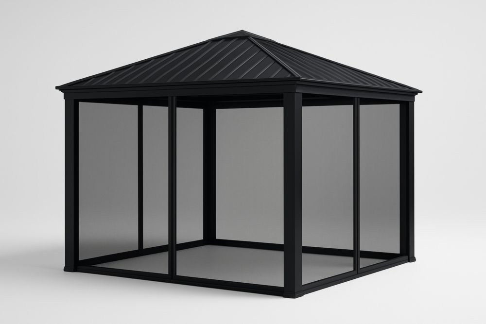 Gazebo in alluminio nero con pannelli in policarbonato