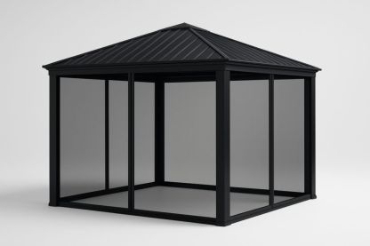 Gazebo in alluminio nero con pannelli in policarbonato