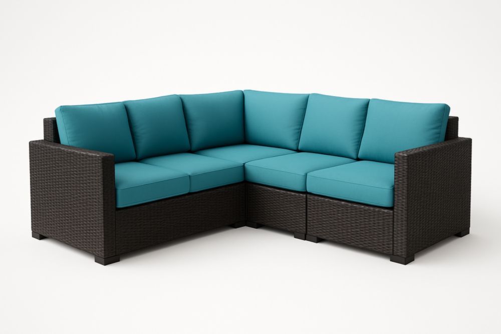 Divano angolare in rattan PE nero con cuscini blu
