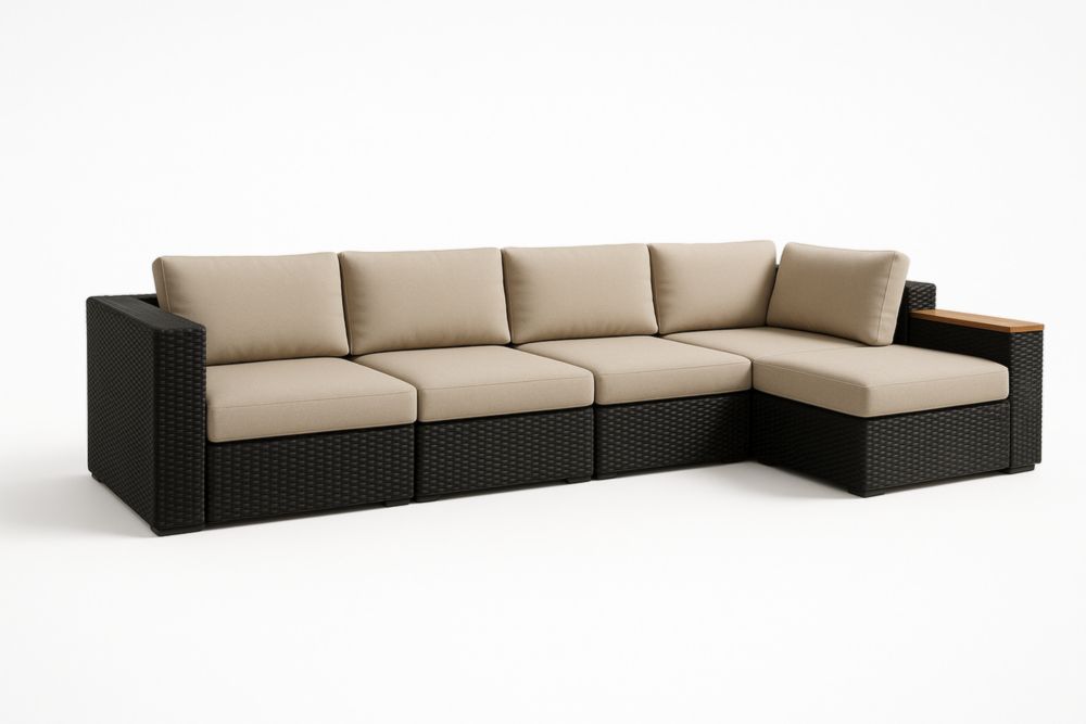 Divano modulare angolare in rattan sintetico con cuscini beige