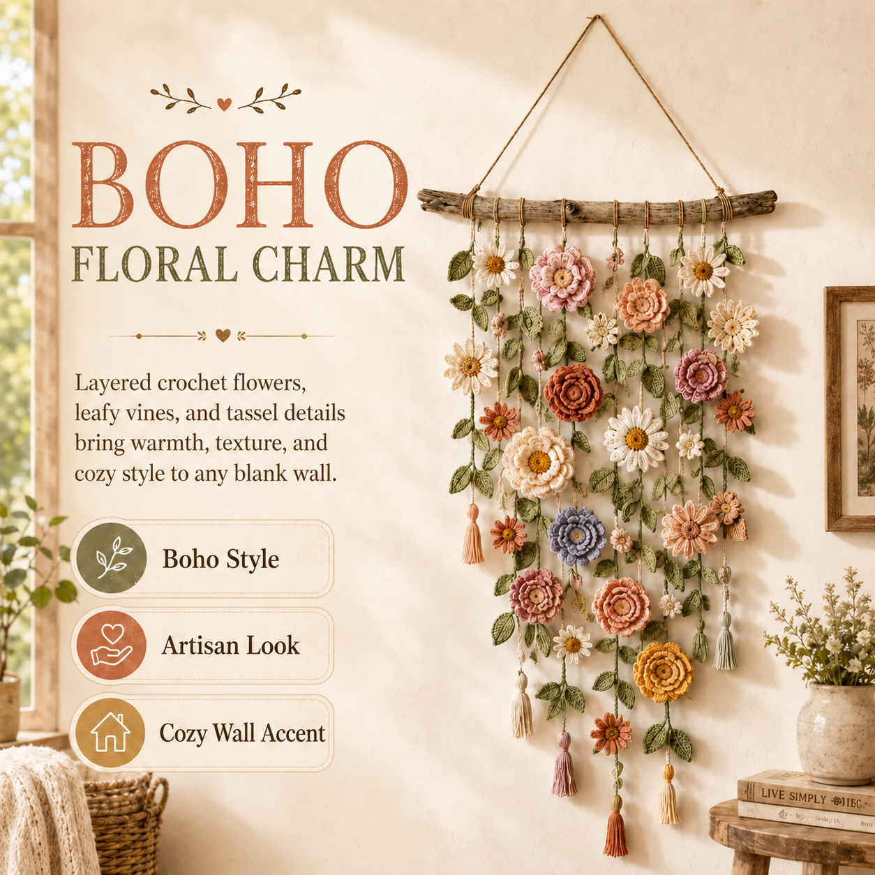 🏡 🌸 Upgrade Your Living Room Vibe : Boho Crochet Flower Wall Hanging Decor 🧶 🌿